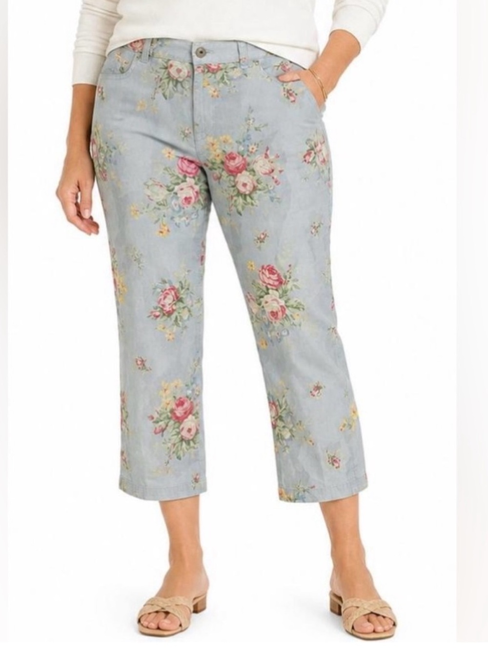 Lauren Ralph Lauren Blue Floral Capri Crop Pants 4 Petite 4P Pastel Rose Cotton